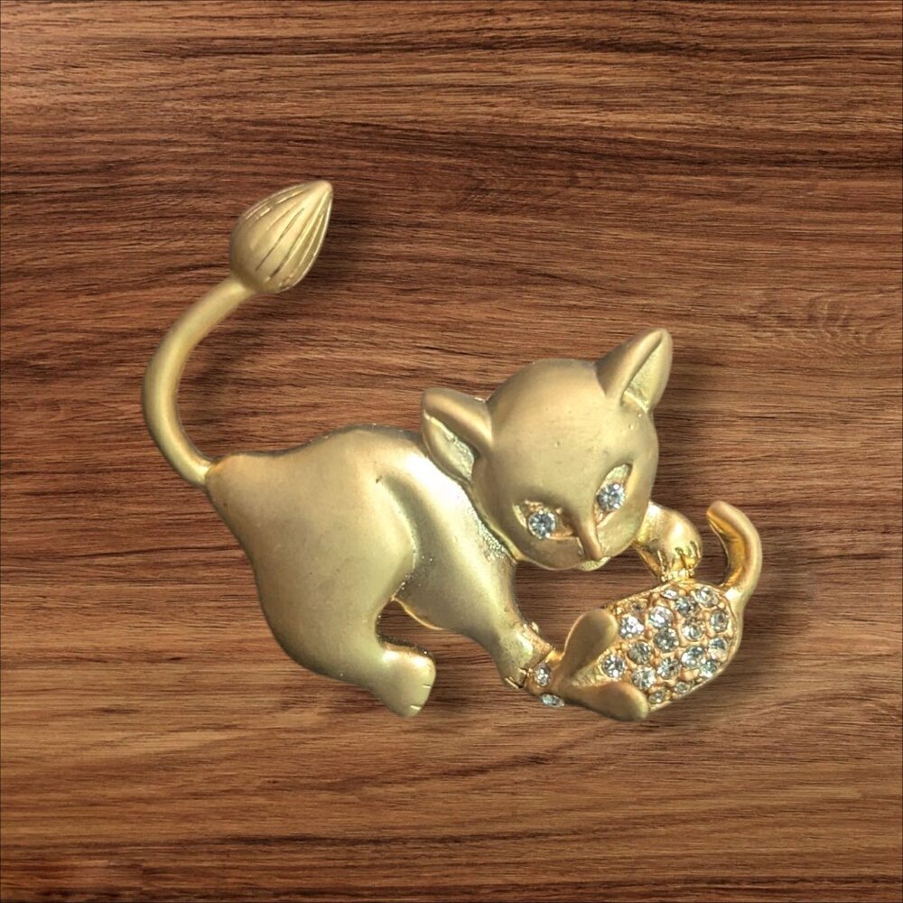 Vintage Gold-Tone Cat & Mouse Rhinestone‎ Pin Brooch jewelry